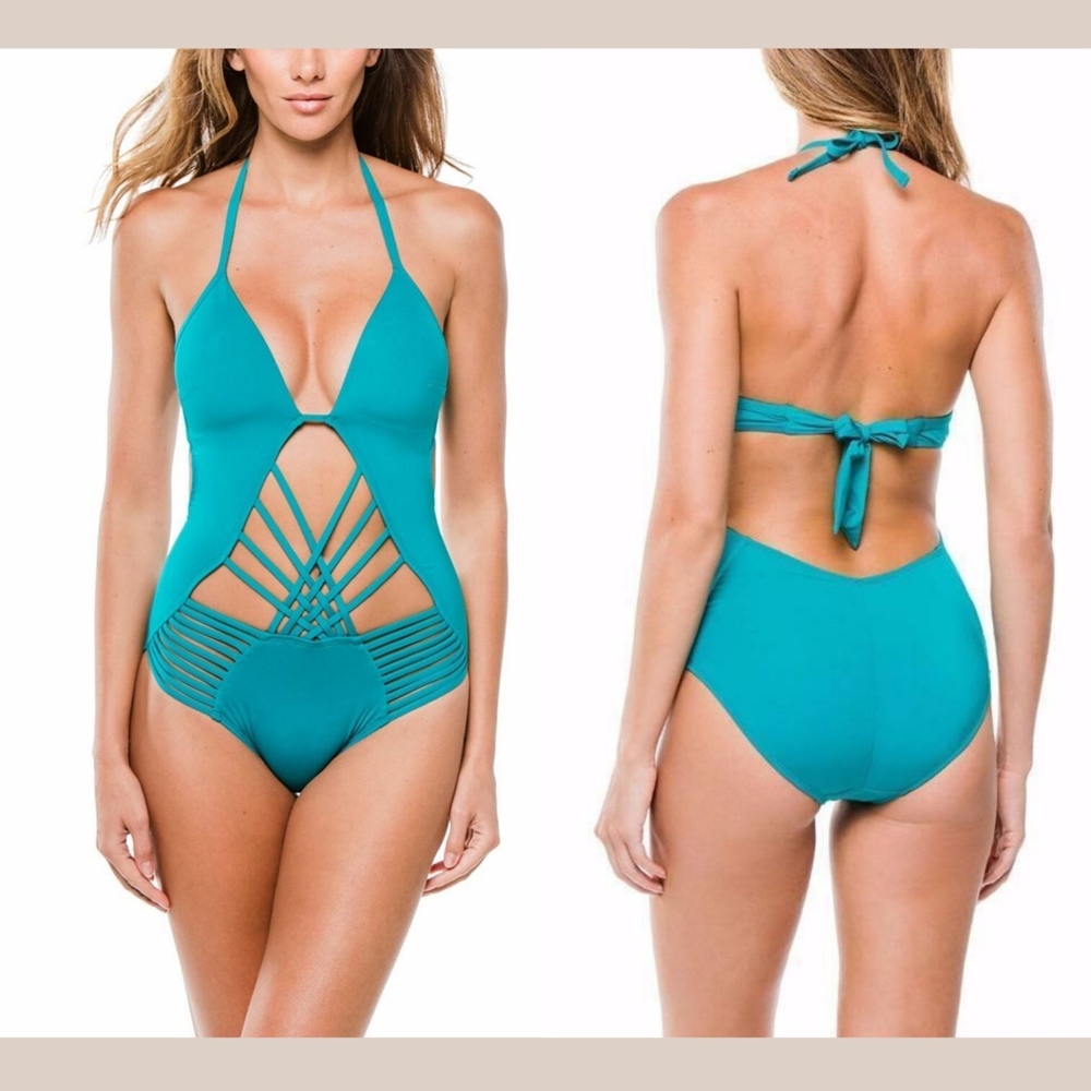 NEW Kenneth Cole Macrame‎ Push-Up One-Piece Swimsuit in Peacock [SZ Small ]